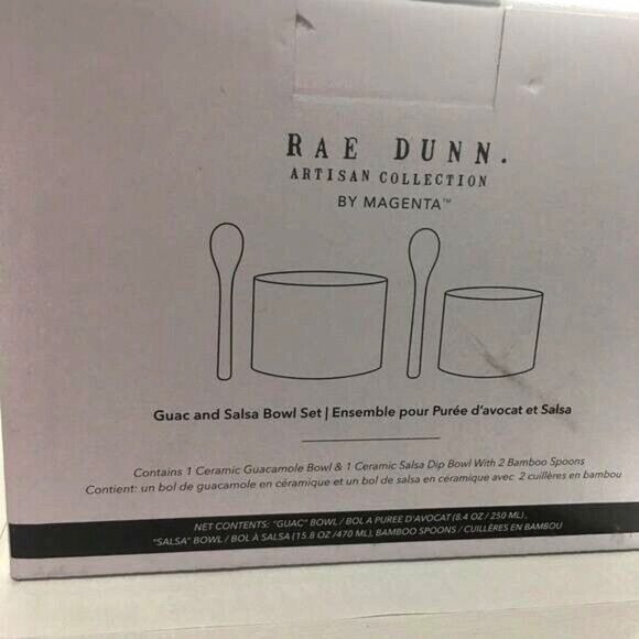 Rae Dunn Artisan Collection Womens Bowl Set Guac & Salsa Bamboo Spoons New - Picture 2 of 3